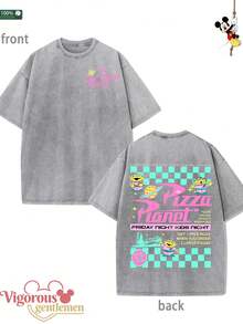 Colorful Cartoon Pattern Gray T-Shirt Summer Clothing Disney Vintage Washed 230g Pattern T-Shirt - 灰色 - 查看 1