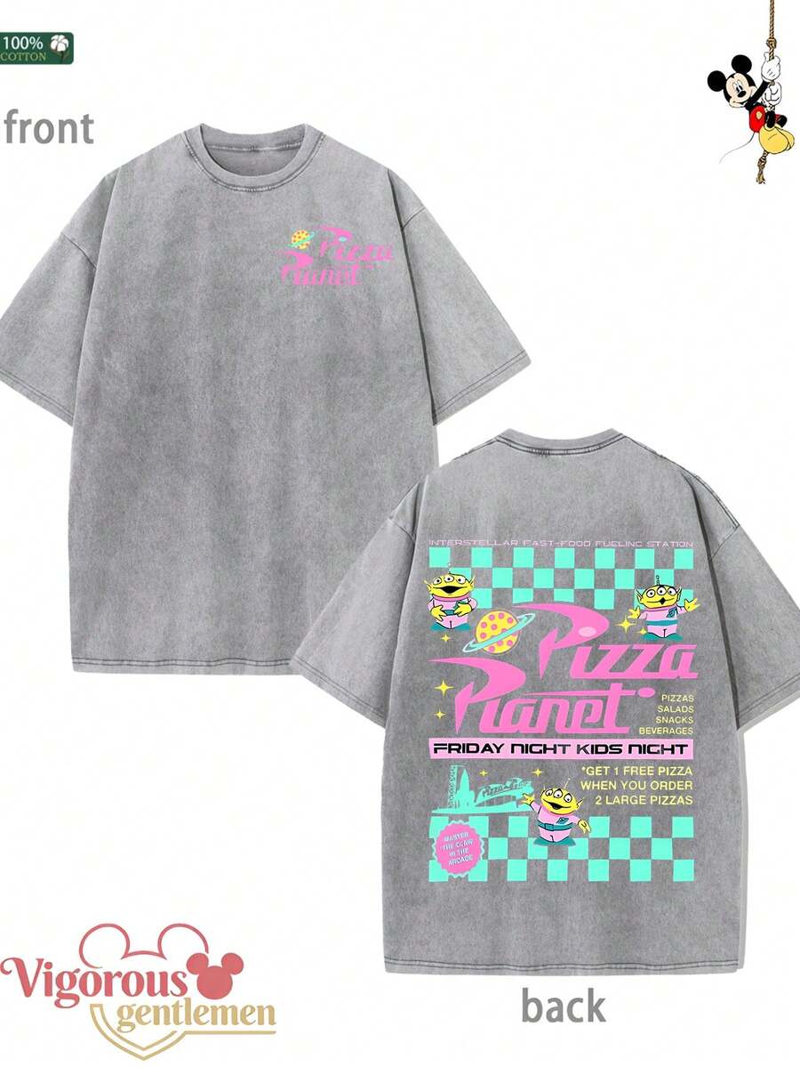 Colorful Cartoon Pattern Gray T-Shirt Summer Clothing Disney Vintage Washed 230g Pattern T-Shirt - 灰色 - 查看 1