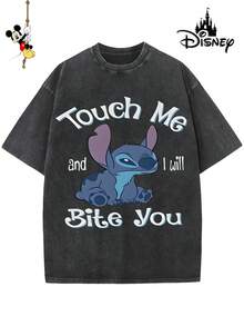 Disney-Licensed Men's Cotton T-Shirt For The 2026 Family Holiday. Featuring A Stitch Motif, Washed Crew Neck, Soft And Comfortable Feel, Easy Care And Suitable For Various Occasions Such As Holidays, Everyday Life And Commuting – Full Of Festive Spirit. - 黑色 - 查看 1