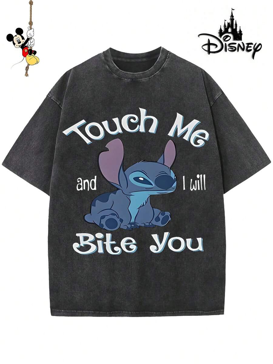 Disney-Licensed Men's Cotton T-Shirt For The 2026 Family Holiday. Featuring A Stitch Motif, Washed Crew Neck, Soft And Comfortable Feel, Easy Care And Suitable For Various Occasions Such As Holidays, Everyday Life And Commuting – Full Of Festive Spirit. - 黑色 - 查看 1