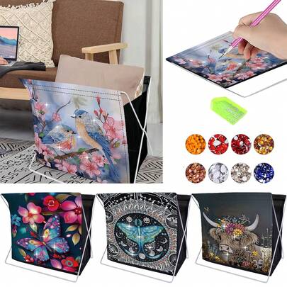 1个钻石画收纳盒，蝴蝶、小鸟、牛图案系列，带支架，无纺布材质，可折叠收纳盒，适用于卧室、客厅、宿舍，增加收纳空间