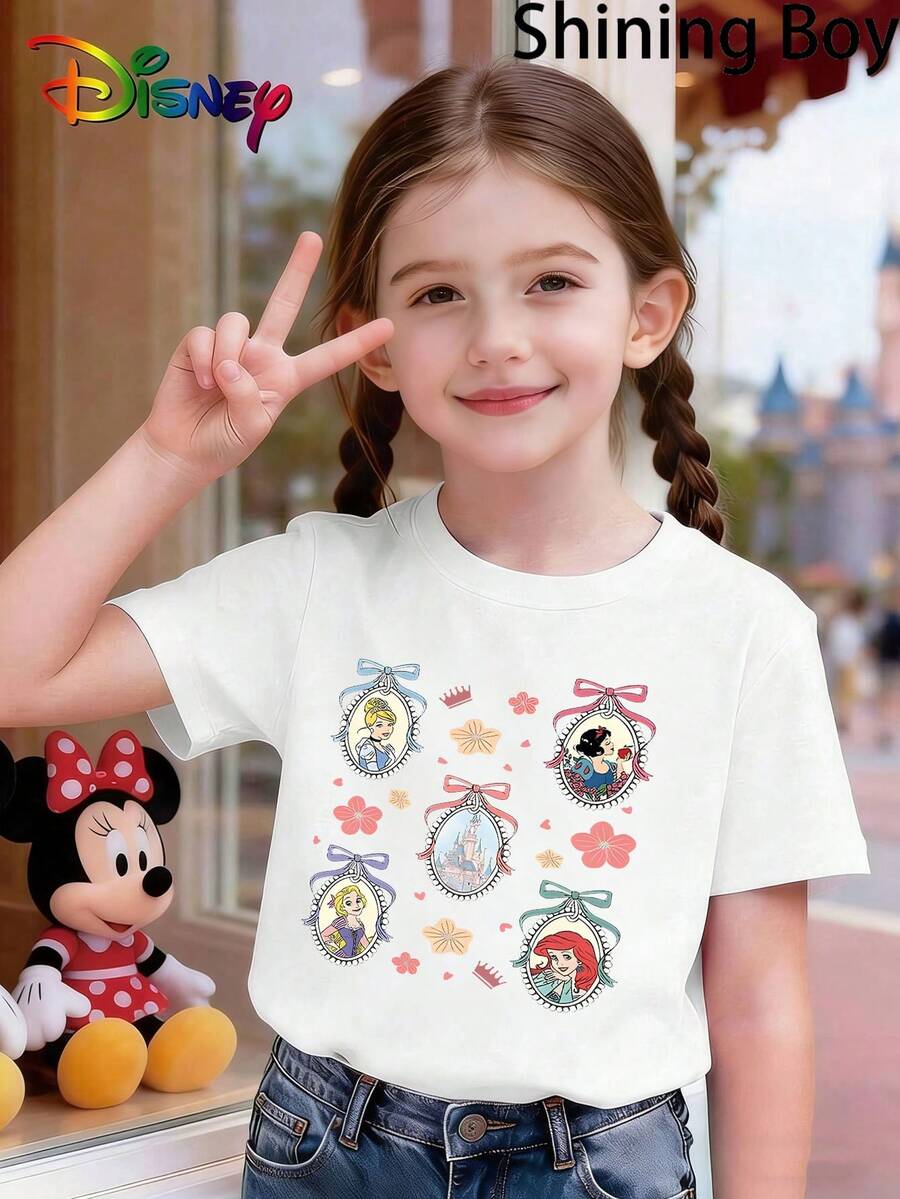 Disney , Snow White, Le Pei, And Ariel Themed Cartoon Print, Casual And Simple Short Sleeved T-Shirt, Suitable For Wearing In Spring And Summer Seasons, Suitable For Both Boys And Girls. Festival Gift - trắng - Xem 1