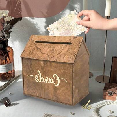 Wooden Wedding Card Box With Slots, Creative Vintage Decorative Wedding Card Holder