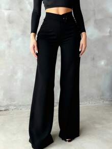 女士纯色休闲优雅高腰直筒裤，适合日常外出、办公室通勤、居家、约会、小型聚会、轻度社交场合，春季黑色 - 黑色 - 查看 4