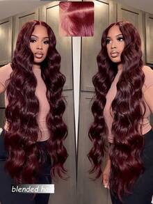 180 Density Wavy Texture Human Hair Lace Front Wig, Mixed With Human Hair, Pre-Trimmed Baby Hair, 13x4 High Definition Transparent Water Wave Texture Mixed Human Hair Full Wig, Thick & Dense Brazilian Remy Mixed Human Hair Wig, 99J Bordeaux Red 26 Inch - S99J/BUG - View 1