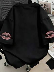 Love Leopard Print Pink Lip Graphic Round Neck T-Shirt, Plus Size Women Top. , Holidays, New Year Gift, Valentine's Day Gift, Mother's Day Gift Casual - Black - View 2