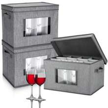 Norme - Paquete de 3 cajas de almacenamiento para copas de vino con divisores 12 compartimentos caja de almacenamiento de vajilla de champaña con mango de tapa ventana organizador de contenedores - Gris - Ver 8