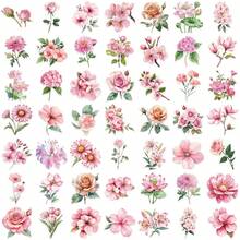 50 pegatinas de flores rosas de PET, material de decoración creativa para manualidades, DIY para tazas, fundas de teléfonos móviles, a prueba de agua - Ver 5