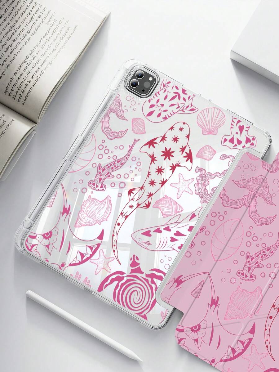 Pink Ocean Elements Shockproof Acrylic Crystal Clear Adorable Cartoon Marine Animal Shark And Seashell Double-Sided Back Cover Compatible With Ipad 7th 8th And 10th Generation 10.2 Inch It Has A Built-In Pen Slot Supports Sleep/Wake Function And Multiple Folding Stand Modes Gift Birthday - Multicolor - View 1