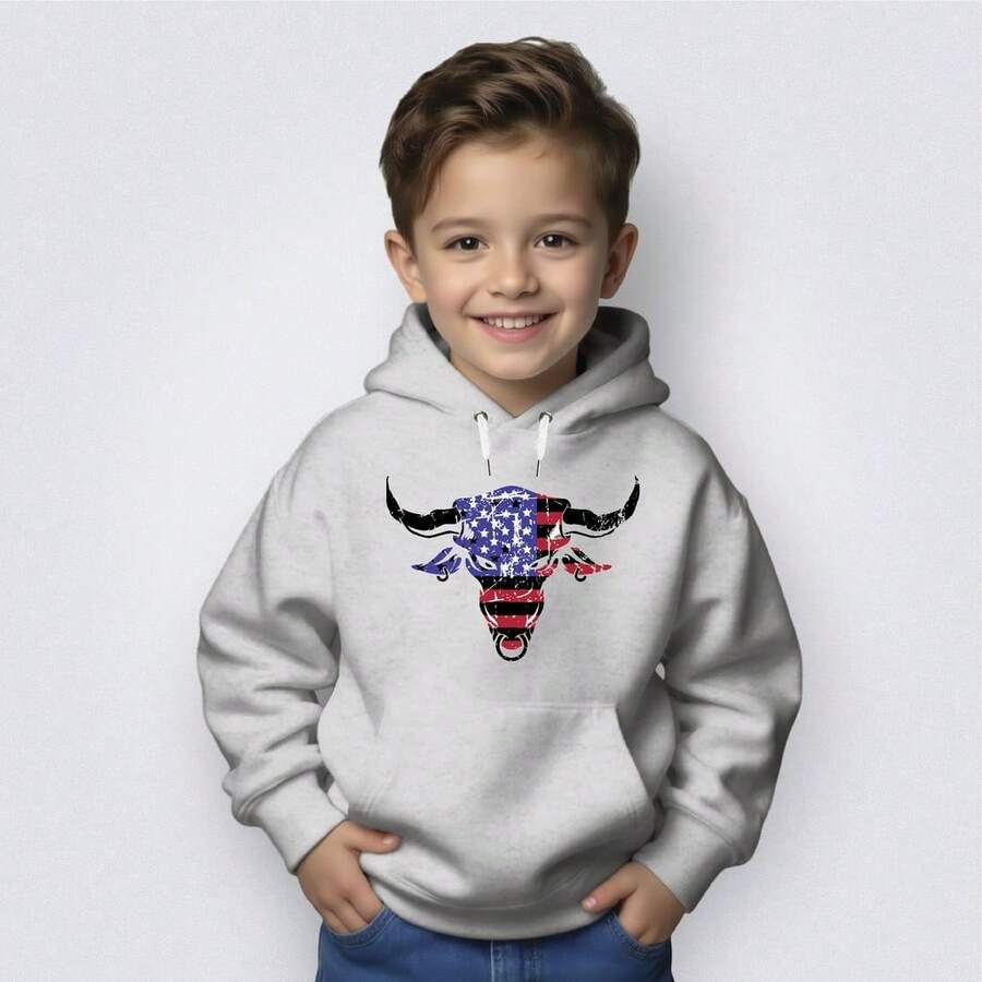 Kids' Kangaroo Hoodie Sweatshirt With Bull Print - USA Agro Country Shopping - 24-Hour Shipping - 灰色 - 查看 1
