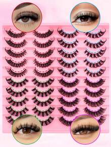 20对4款混合俄式假睫毛，D卷自然妆效16mm卷翘仿貂毛睫毛，蓬松猫眼睫毛延长套装 - 黑色 - 查看 9