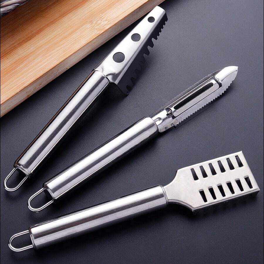 3 Piezas Juego de Raspadores de Escamas de Pescado de Acero Inoxidable, Escamador de Pescado Manual, Cepillo Descamador, Herramienta Descamadora, Removedor de Agallas, Herramienta Portátil para Descamar Pescado, Pelador de Frutas - Ver 1