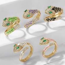 一对绿色蛇眼造型开口戒指，奢华创意滴油蛇形可调节戒指 - 彩色 - 查看 2