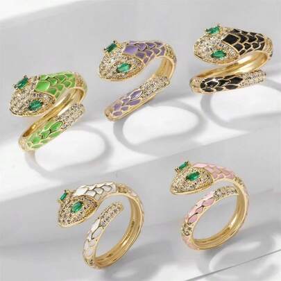 حلقة قابلة للتعديل بشكل ثعبان مزينة بالزيت المتدفق، تصميم إبداعي فاخر بعيون خضراء