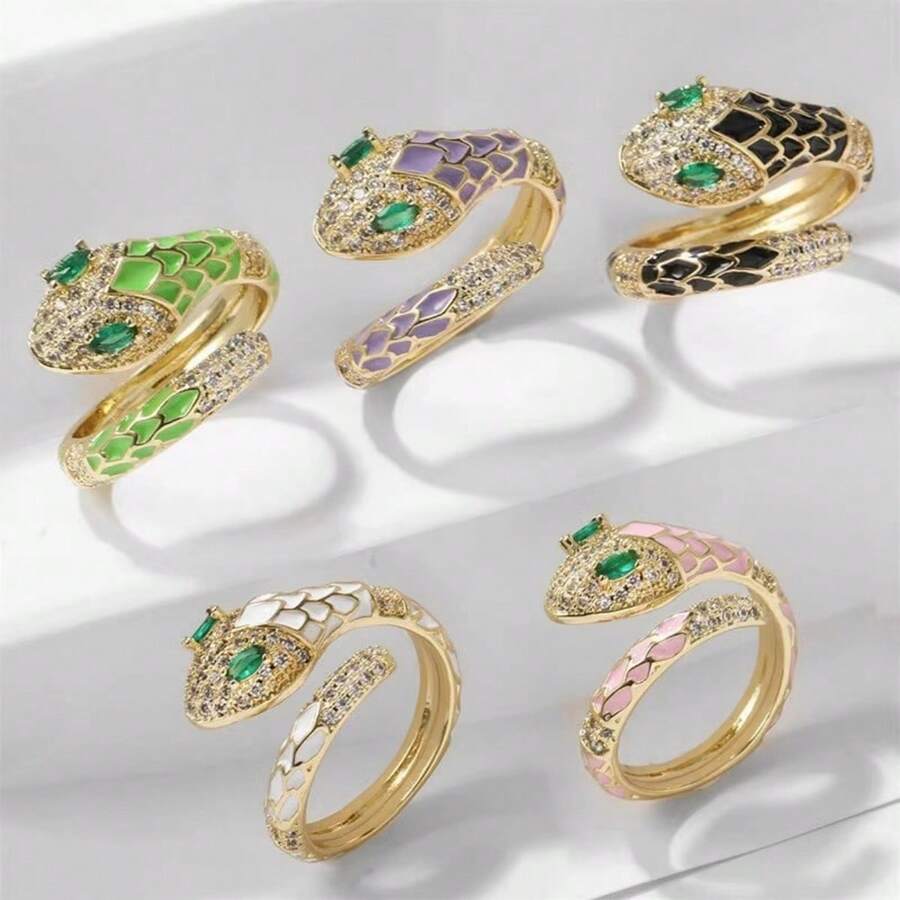 一对绿色蛇眼造型开口戒指，奢华创意滴油蛇形可调节戒指