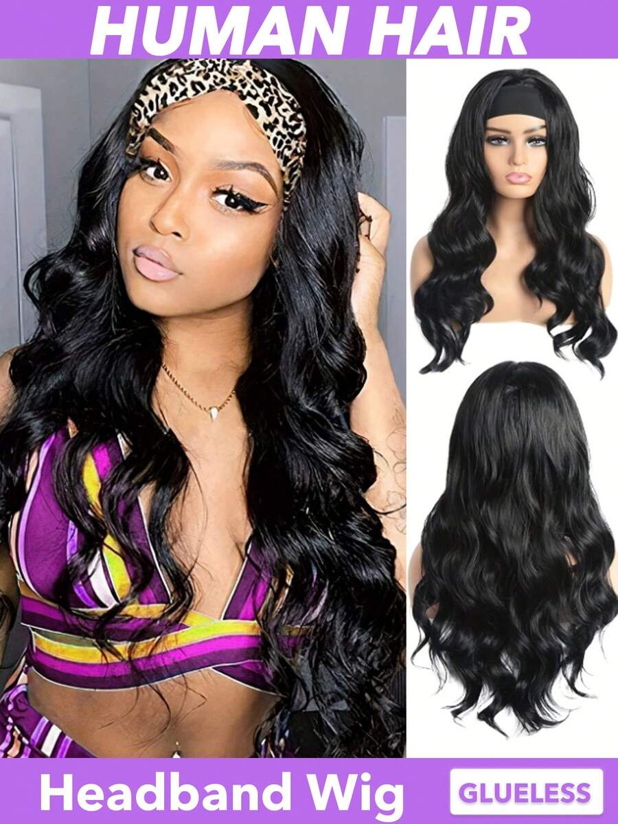 专用人发波浪卷发带假发，巴西原生发，无胶无蕾丝前额半头假发，180%密度，佩戴方便，8-30英寸可选，自然黑色。 - Natural Black - 查看 1