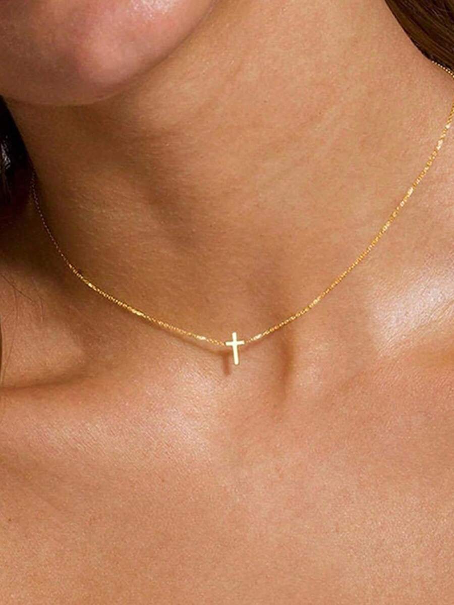 Minimalist Gold Cross Pendant Necklace, Elegant Religious Faith Jewelry For Women, Ideal Daily & Gift Accessory - Vàng - Xem 1