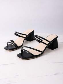 Giày sandal cao gót màu trắng thanh lịch dành cho nữ - Mũi vuông, gót dày, quai giả da, giày công sở phù hợp mọi mùa, gót nhọn - màu đen - Xem 8