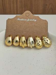 6/18pcs Gold Tone Earring Set - Featuring Distinctive Spiral And Ruffle C-Shaped Hoops, Paired With Glossy Dome And Teardrop Stud Earrings, Versatile Jewelry For Daily Wear And Parties - Multicolor - View 7