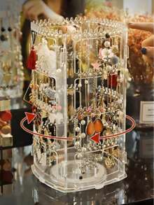 1pc Foldable Jewelry Rack, Acrylic Earring Necklace Display Stand, Rotating Multi-Tier Organizer For Earrings, Earrings, Earrings, Necklaces, Countertop & Desktop Back To School - Clear - View 4