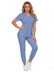 Women's V-Neck Scrub Set, Stretchy Nurse Uniform With Jogger Pants & Multi-Pockets, Short Sleeve, Breathable & Lightweight For Hospital, Spa, Beauty Salon - Dusty Blue - View 4