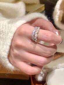 1枚奢华仿珍珠独特优雅合成立方氧化锆精致派对戒指，女士款 - 銀色 - 查看 2