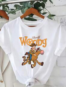 Disney Loose Fit Toy Story Woody And Red Horse "Sheriff Woody" Printed T-Shirt, Suitable For Summer And Spring, Short Sleeved Tops, Women's Clothing, Holiday Gift Party Costumes. - White - View 1