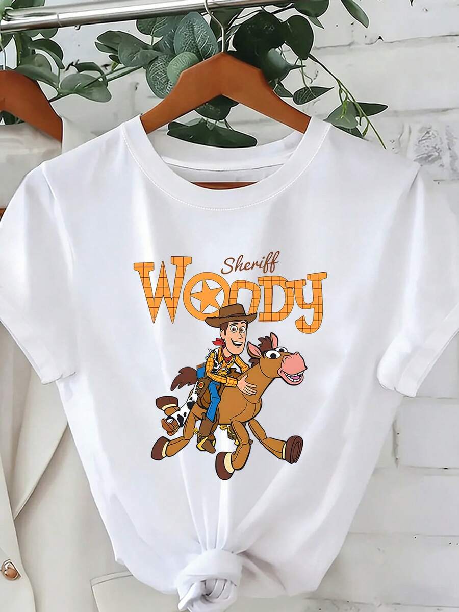 Disney Loose Fit Toy Story Woody And Red Horse "Sheriff Woody" Printed T-Shirt, Suitable For Summer And Spring, Short Sleeved Tops, Women's Clothing, Holiday Gift Party Costumes. - White - View 1