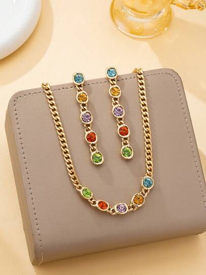 一套时尚优雅的新款简约多色宝石镶嵌耳环和项链，适合度假或送礼，高端精致