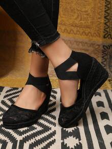 Breathable Backless Criss-Cross Elastic Casual Rope Wedge Sandals For Women - All Black - View 4