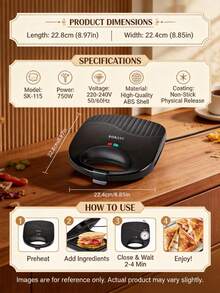 SOKANY 115 Sandwich Maker Breakfast Machine, Non-Stick Pan, Heat-Resistant Bakelite Body, Constant Temperature Control And Indicator Light, Overheat Protection, 750W, Fast Heating, Easy To Clean, Compact And Easy To Store - View 6
