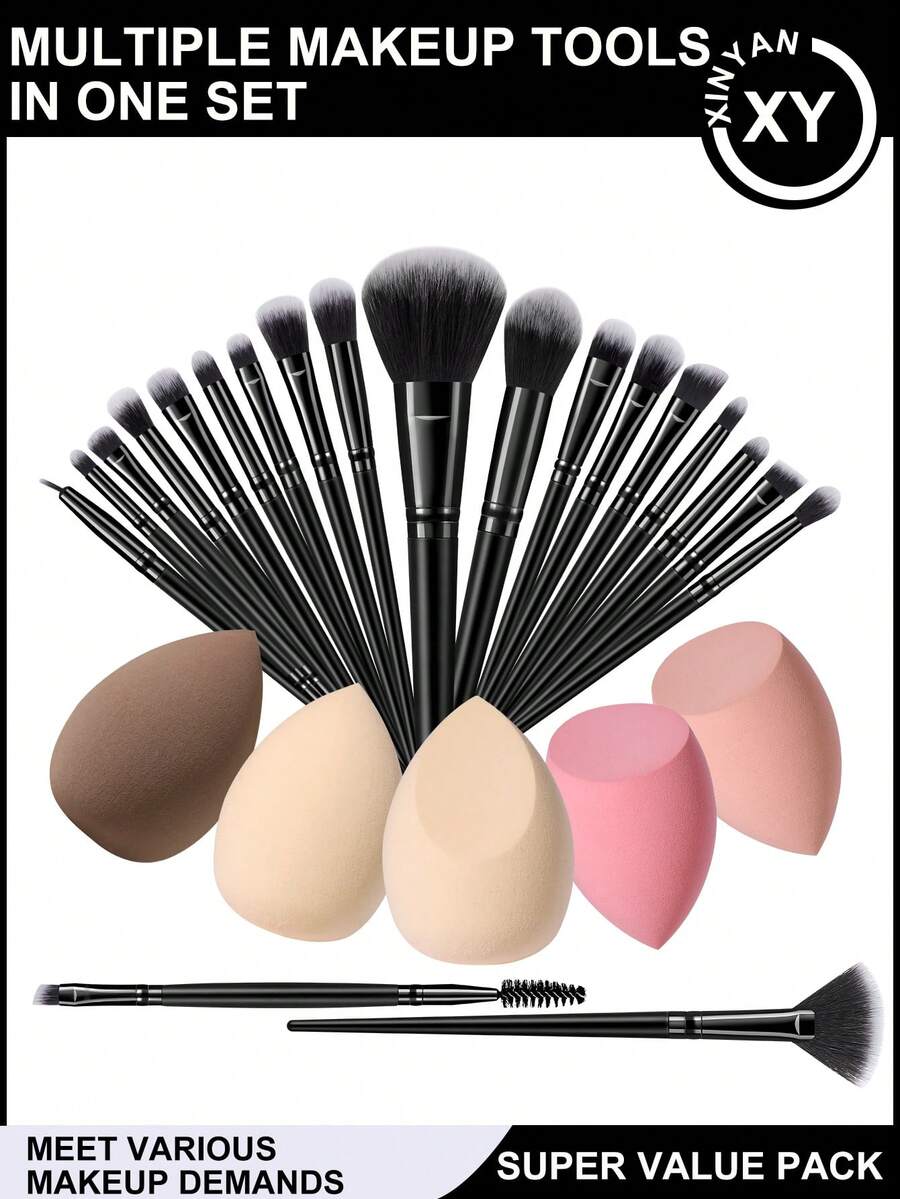 25PCS Makeup Tools Set Including:20PCS Makeup Brush Set+5PCS Makeup Sponges - Black - View 1