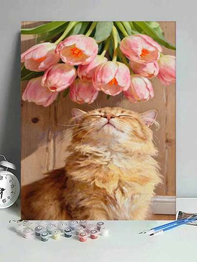 猫与粉色郁金香 DIY 数字油画 画布绘画工艺品 成人家居装饰 40x50厘米/16x20英寸 节日礼物