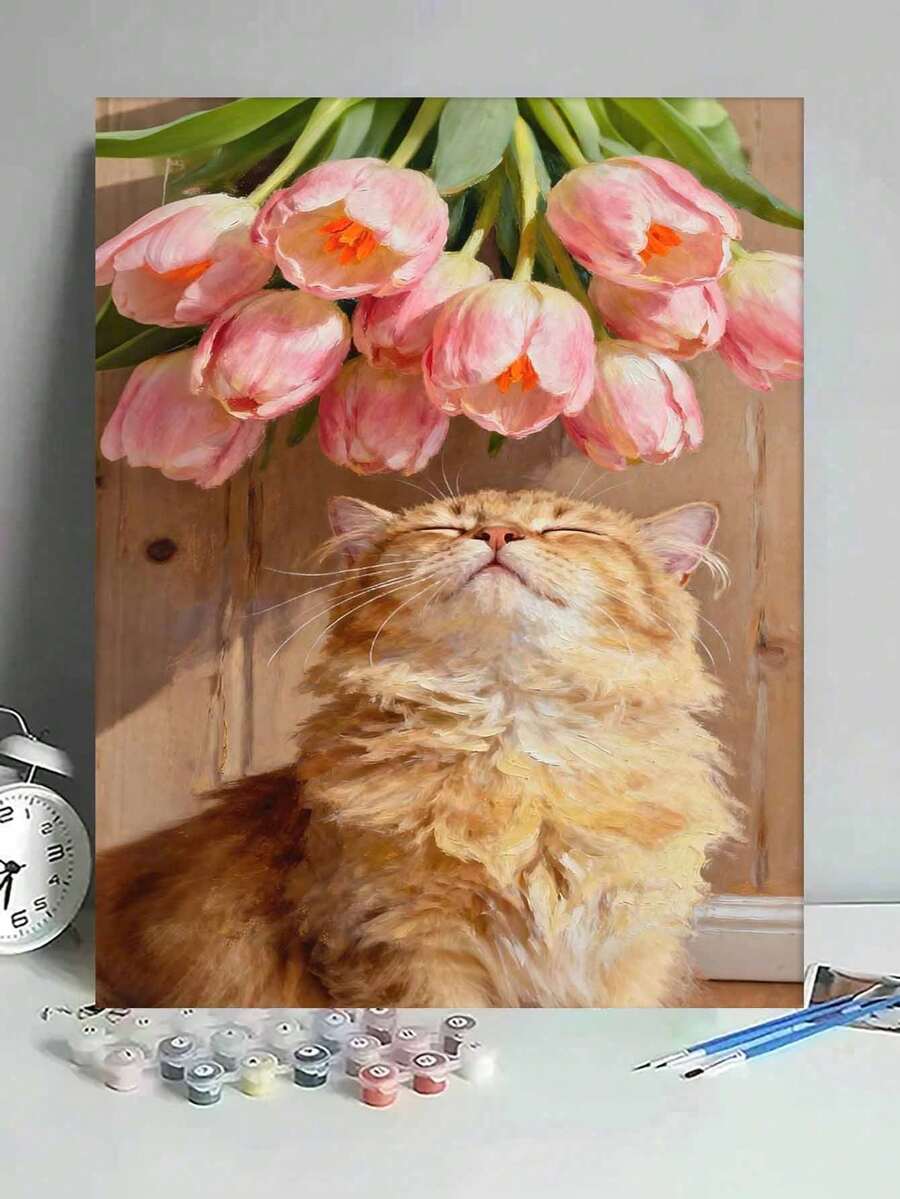 40x50厘米/16x20英寸 猫与粉色郁金香 DIY数码油画画布，手工制品，家居装饰，节日礼物 - 40*50厘米 - 查看 1