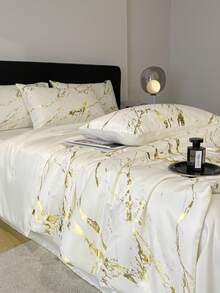 1件极简主义大理石纹箔水洗桑蚕丝轻盈透气柔软夏季被子，可机洗，适合卧室和客房四季使用（不含枕头和枕套） - 流金-奶白 - 查看 7