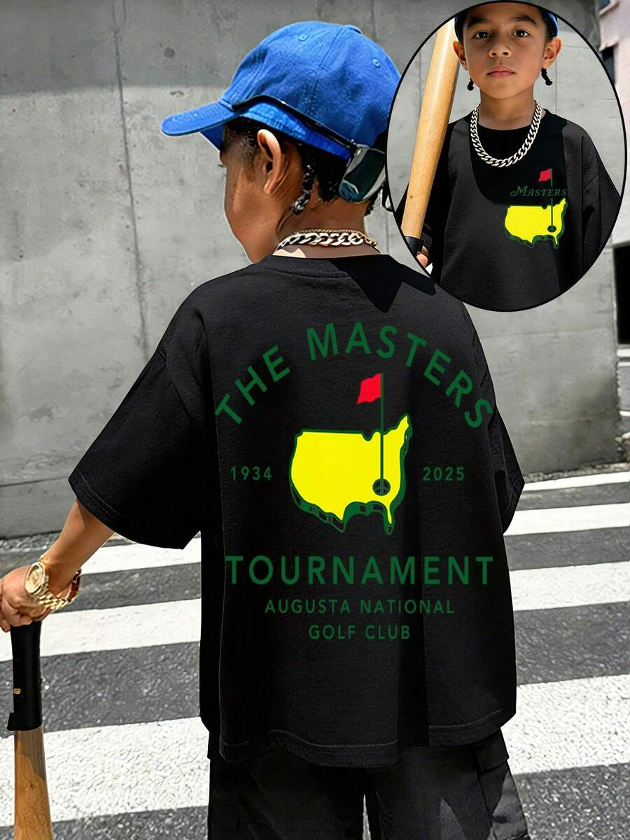 The Masters Tournament Augusta National Golf Club Cartoon Print T-Shirt, 180g Soft, Comfortable, And Breathable Children's Short-Sleeve Shirt, Suitable For All Seasons, Perfect For Boys And Girls For Daily Commuting, School, And Casual Sports Wear. A Round-Neck Top Ideal For Holiday Parties, Gatherings, Outdoor Activities, And Travel. - màu đen - Xem 1