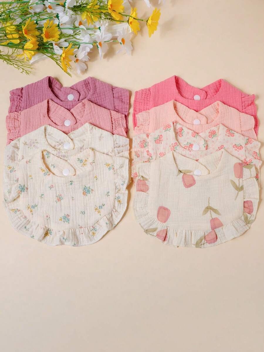 3/4pcs Baby Rose & Tulip Print Bibs With Ruffle Trim, Solid Color Soft Drool Bibs - Multicolor - View 1