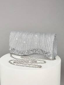 REMANLAND 1pc Women's Mini Glitter Shiny Chain Folding Wrinkle Square Bag, Ideal For Wedding, Party, Evening, Prom And Dinner Banquet, Elegant Matching With Prom Dresses, Sequin Dresses And Bridal Party Looks - Silver - View 4