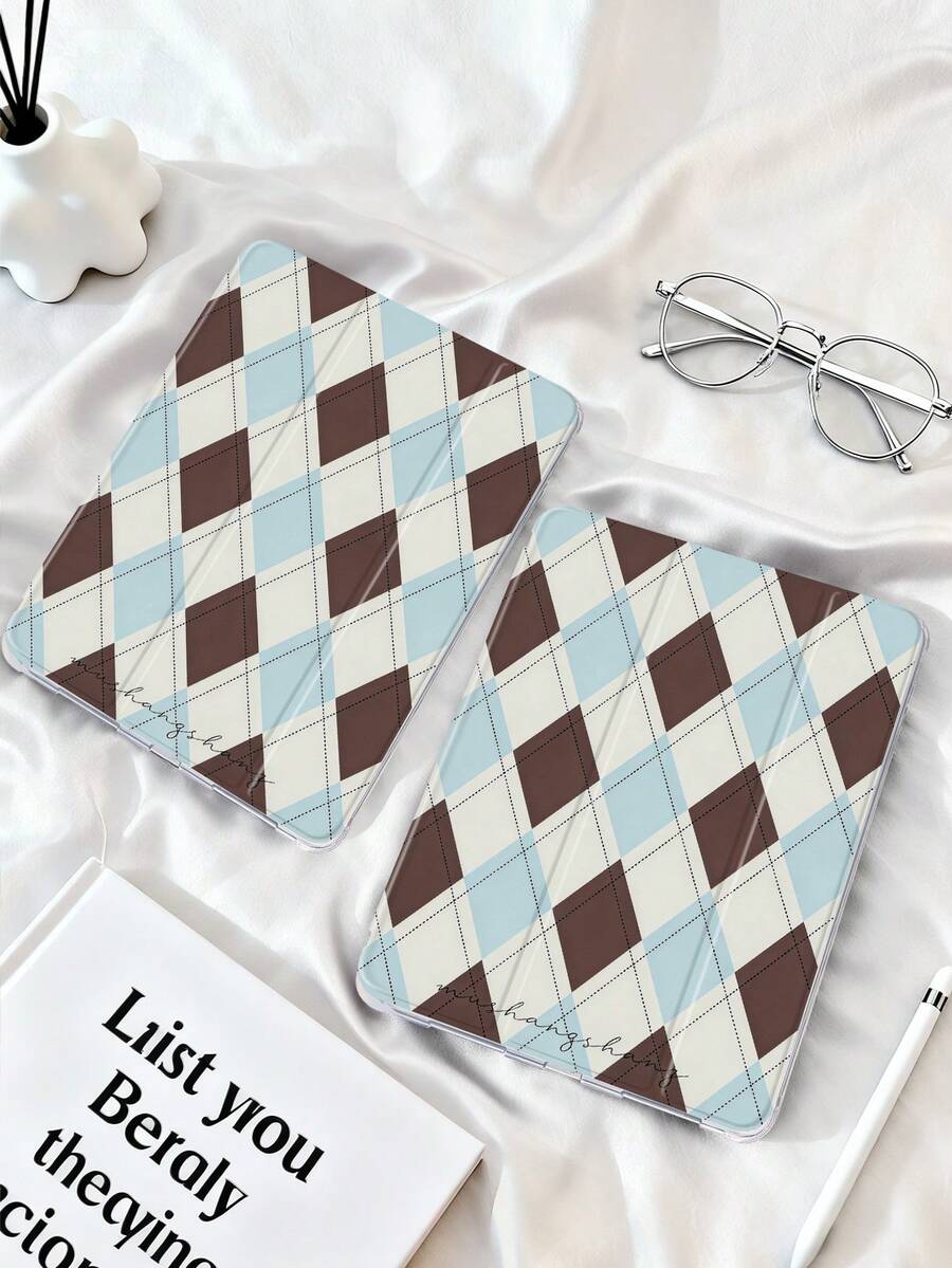 1 件装蓝棕色格子图案彩绘平板保护套，兼容 Mini4/Mini5/Mini6/Mini7/Air/Air2/9.7/10.2/10.5/Air4/Air5/10.9/Pro 11 英寸/第十代/Air 11 英寸 (M2)-2024/Pro 11 英寸 (M4)-2024/Air 11 英寸 (M3) 2025/(A16) 11 英寸第十一代 2025、Galaxy Tab A8 10.5 英寸 2022，三折支架，笔槽，TPU 软边保护，磁吸式睡眠/唤醒功能，简约/趣味/个性化/创意平板保护套 - 彩色 - 查看 1