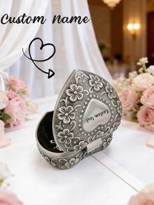 Caja de Joyas de Metal Grabada Personalizada - Nombre/Fecha/Mensaje Personalizado, Caja de Almacenamiento de Anillos de Boda con Diseño Floral Elegante, Caja de Almacenamiento de Recuerdos de Metal Adecuada para Compromiso, Aniversario, Regalo de Boda - Sin Necesidad de Energía, Caja de Joyas, Caja de Almacenamiento de Recuerdos, Artesanía Fina, Caja de Almacenamiento - Estaño - Ver 2