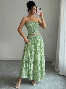 Conjunto de 2 piezas (top y falda) de mujer con estampado todo sobre, sin tirantes, casual y elegante para boda en la playa, verano - Verde - Ver 2