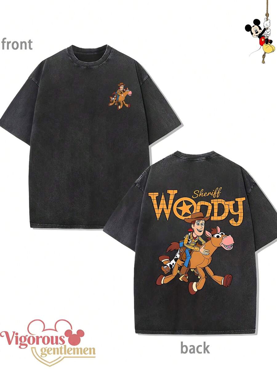 Disney Woody Cowboy Pattern T-Shirt Summer Clothing Vintage Washed 230g T-Shirt - 黑色 - 查看 1