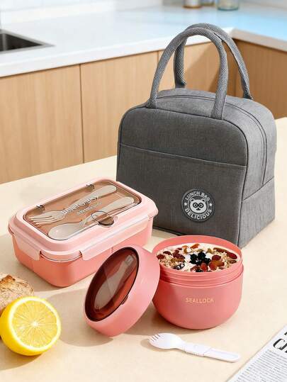 3个密封锁扣保温食物碗 - 防漏 - 带勺子 便携式早餐容器 - 适用于酸奶、麦片和零食