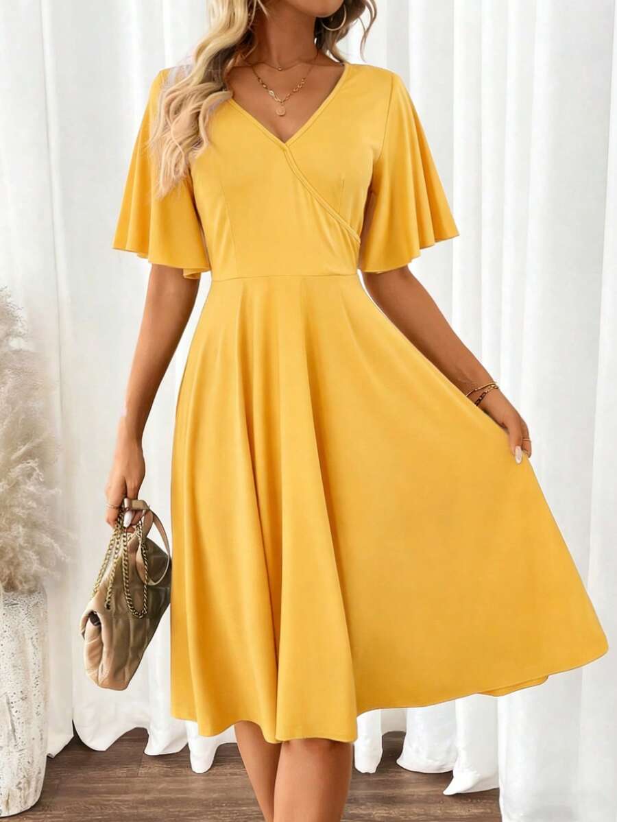 女士伴娘礼服，V领优雅时尚派对礼服，蝴蝶袖短款晚礼服 - 黃色 - 查看 1