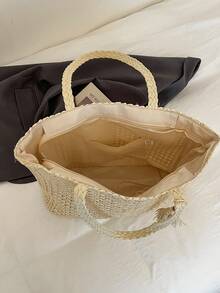 Túi đi biển bằng rơm mùa hè, túi tote dung tích lớn, giỏ đựng đồ tạp hóa, túi xách tay, kiểu dáng nghỉ dưỡng, đơn giản và đa năng, thiết kế nhiều ngăn, phù hợp để đựng váy, mua sắm, du lịch, cất đồ, túi đan lát. - Màu be - Xem 8