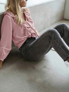 Women's Solid Color Ruffle Hem Casual Versatile Daily Wear Lantern Sleeve Blouse - Baby Pink - View 2