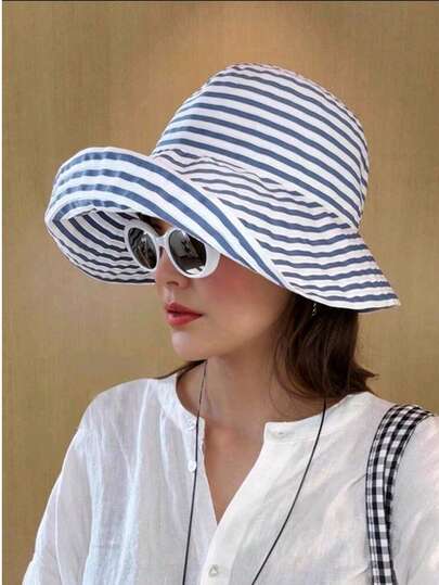 Vintage Striped Wide Brim Bucket HatFor Women, Foldable Versatile CasualSun Protection Hat For Outdoor, AllSeason