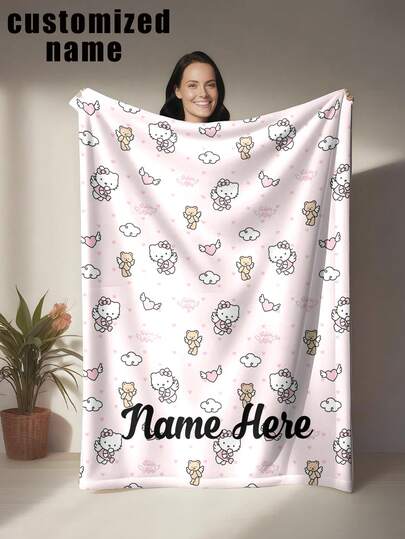 SANRIO 1pc Hello Kitty Themed Blanket - Customizable With Personal Name, Pink Tone With Cute Hello Kitty Cartoon Patterns, Soft & Comfortable For Sofa, Bed, Office Nap - Suitable For All Seasons, Great For Home, Birthday, Christmas Gifts, Personalized Present