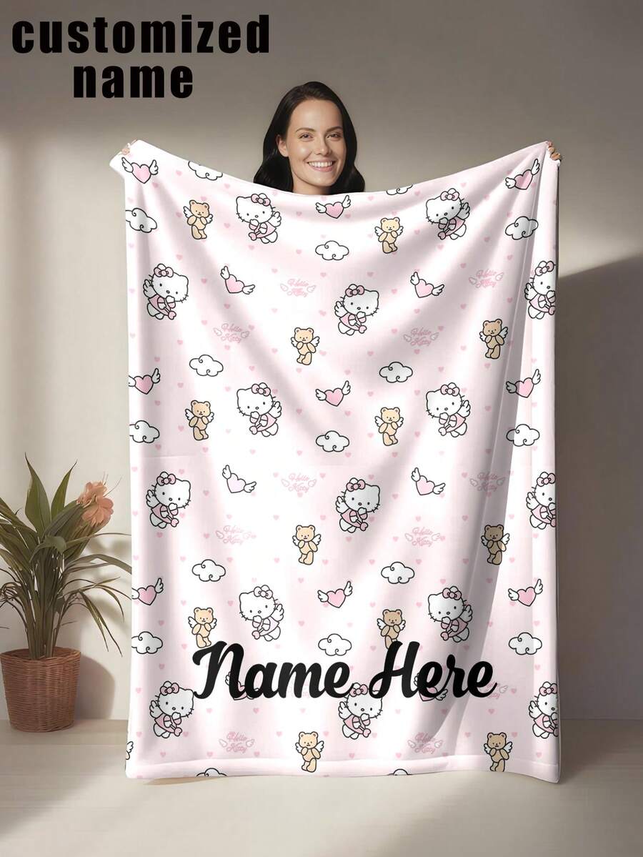 SANRIO 1pc Hello Kitty Themed Blanket - Customizable Personalized Name, Pink Main Color, Decorated With Hearts And Hello Kitty Text, Cute And Sweet Style - Soft And Comfortable, Suitable For Sofa, Bed, Office Nap - All-Season Comfortable Blanket, Home Gift, Birthday Gift, Christmas Gift, Personalized Gift.