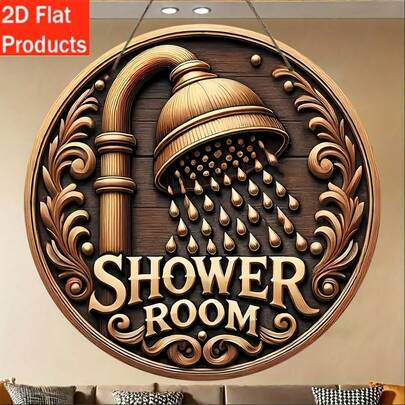 2D平面装饰牌匾，复古木质金色淋浴图案，适用于浴室或水疗中心装饰，可作墙面挂饰、奢华浴室配件、创意礼品、2D平面圣诞装饰，预留孔位如图所示